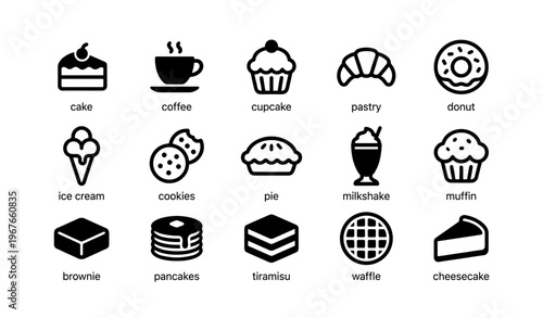Icons of sweet treats including cake, coffee, donut, and ice cream