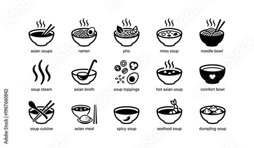 Asian soups icons: ramen, pho, miso, noodle bowls, and more
