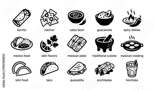 Variety of mexican cuisine icons including burrito, nachos, taco, and latin flavors