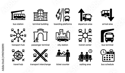 Public transport infrastructure icons: bus station, terminal, boarding platforms, transit center