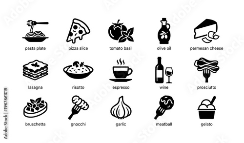 Italian cuisine icons featuring pasta, pizza, espresso, wine, gelato, and more