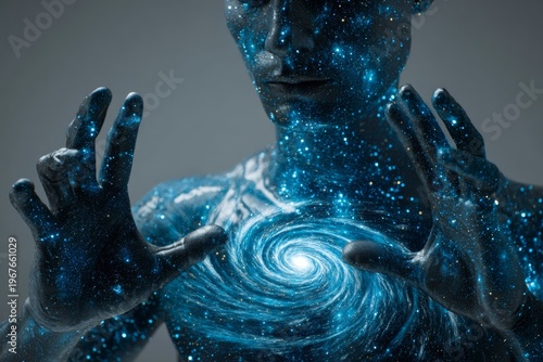 A person covered in blue glitter forms a glowing cosmic vortex with hands