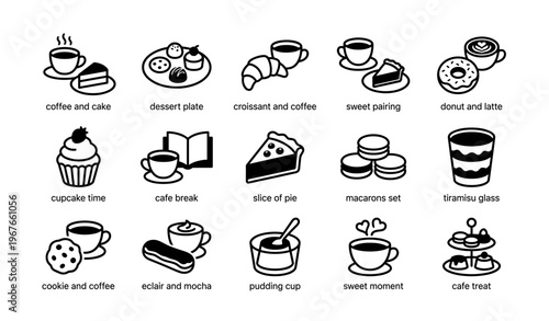 Delicious bakery and coffee icon collection featuring pastries and beverages
