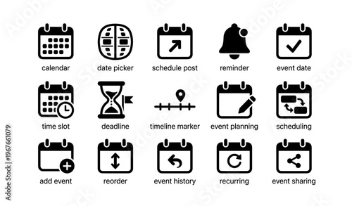 Event management icons: calendar, schedule, reminder, planning, timeline