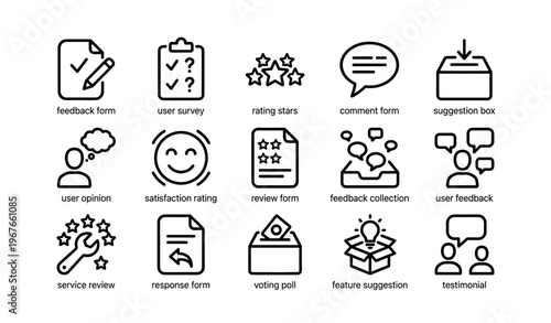 Feedback and survey icons collection: forms, ratings, suggestions, and comments