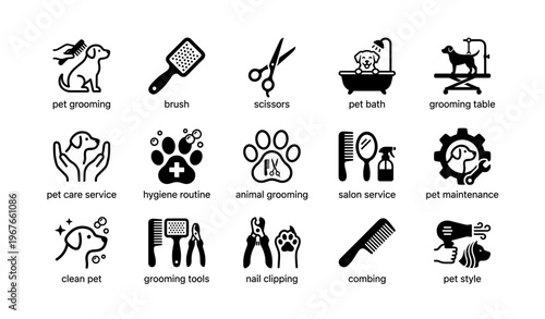 Pet grooming icons: tools for dog care and maintenance