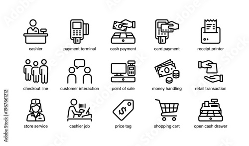 Cashier icons: payment terminal, card & cash transactions, receipt printing