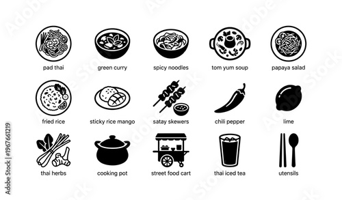 Thai cuisine icons: noodles, curry, satay, fried rice, herbs, and more