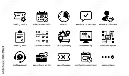 Scheduling and booking icons for service management and online appointments