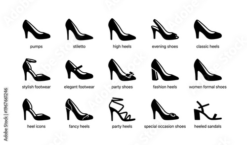 Variety of women's heels: pumps, stilettos, sandals, evening and party shoes icons