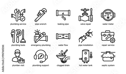 Plumbing tools and services icons featuring pipe wrench, valve repair, installation, and support