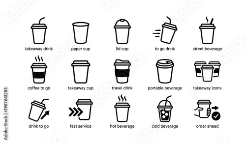 Assorted takeaway drink icons: coffee, hot and cold beverages
