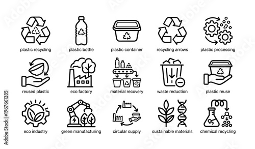 Eco-friendly icons: plastic recycling and sustainable practices illustrated