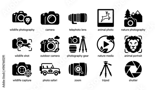 Wildlife and nature photography icons featuring cameras, lenses, and animals