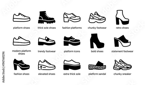 Collection of stylish platform shoes and trendy footwear icons