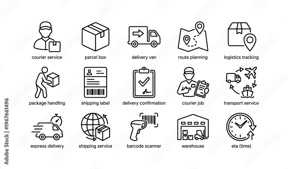 Fototapeta premium Courier and logistics icons: delivery services, route planning, package handling