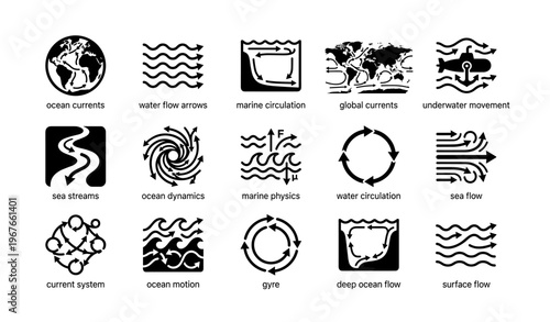 Ocean currents and water flow icons illustrating marine circulation and sea dynamics