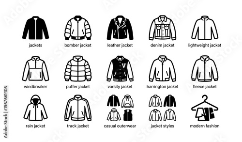 Different jacket styles including bomber, leather, denim, and more outerwear variants