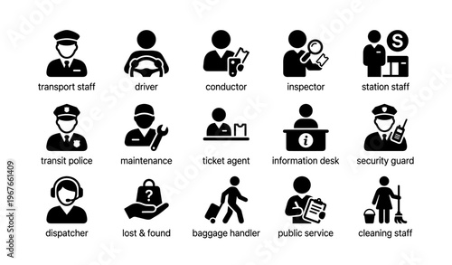Public transit roles icons: driver, conductor, inspector, security, maintenance, dispatcher