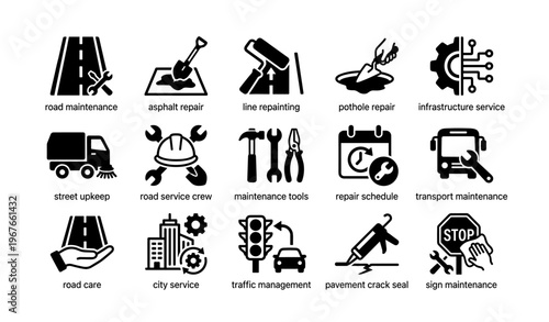 Essential road maintenance icons: asphalt repair, line repainting, pothole and infrastructure services