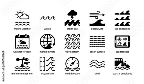 Marine weather icons: forecast, waves, wind, climate, conditions
