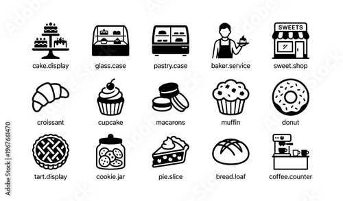 Bakery icons set with cakes, pastries, and coffee shop elements