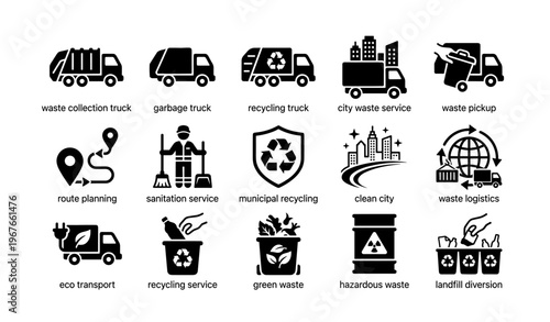 Waste management icon set: trucks, recycling, sanitation, and eco services