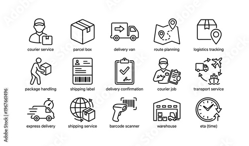 Courier and logistics icons: delivery services, route planning, package handling