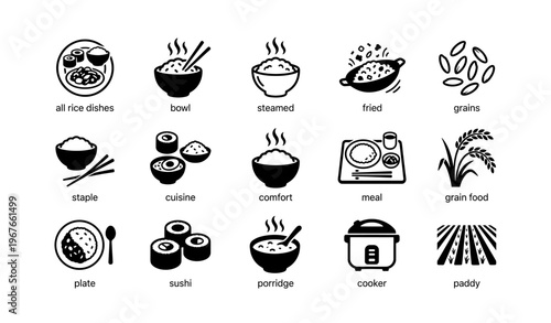 Set of black icons depicting various rice dishes and cooking methods