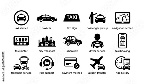 Taxi service icons: transportation, booking, navigation, airport transfer, payment