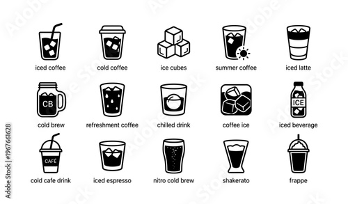 Assorted iced coffee icons featuring cups and ice cubes