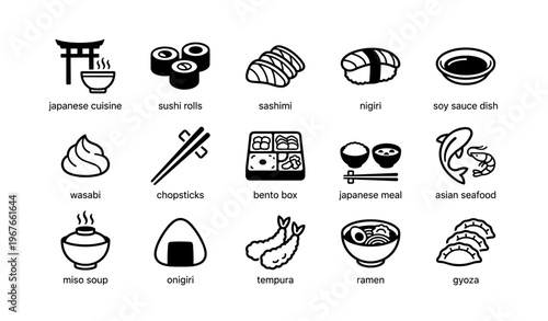 Japanese cuisine icons: sushi, ramen, tempura, asian seafood, bento box