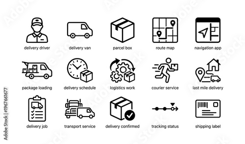 Delivery service icons set with delivery driver, van, parcel box, and tracking elements