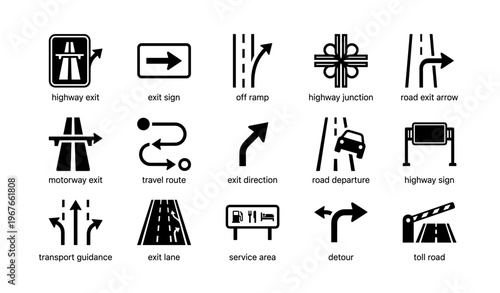 Highway and motorway signs: exit, junctions, and travel guidance icons
