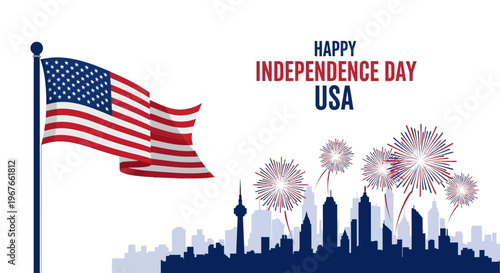 Happy Independence Day USA with American Flag and City Fireworks