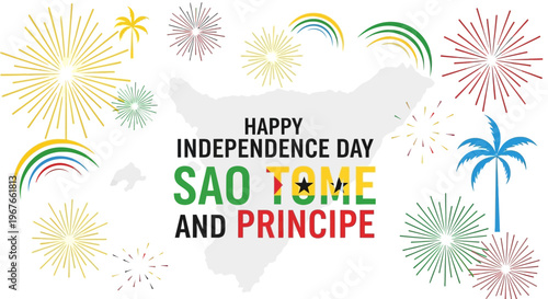 Happy Independence Day Sao Tome and Principe with fireworks and palm trees