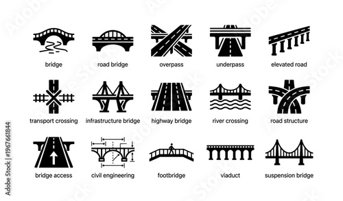 Various bridge and overpass icons for infrastructure and transportation design