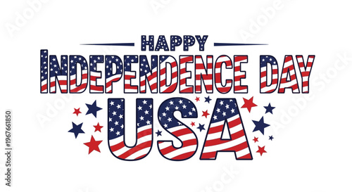 Happy Independence Day USA graphic design with American flag colors.