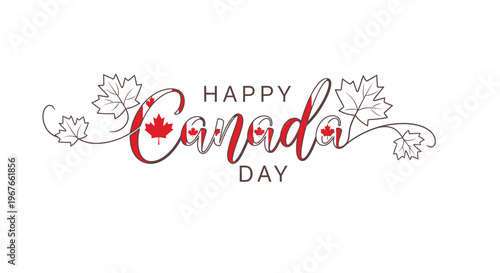 Happy Canada Day lettering with red maple leaves on white background.