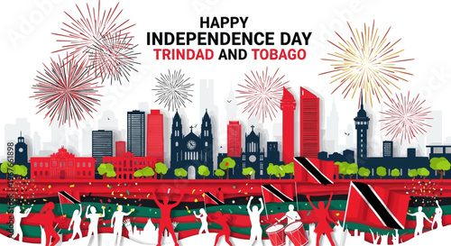 Happy Independence Day Trinidad and Tobago celebration with fireworks and city skyline.