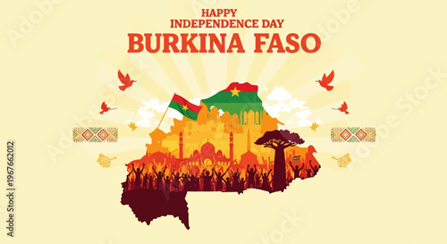 Burkina Faso Independence Day celebration with map and national flag.