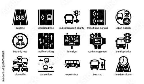 Urban bus transit icons: lane markings and traffic management