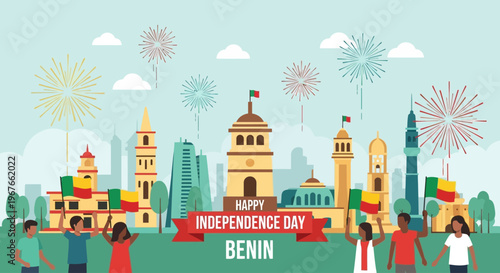 Benin Independence Day celebration with people waving flags and city landmarks.