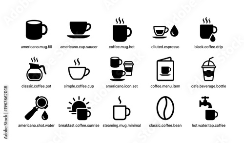 Minimalist coffee icons collection with cups, beans, and beverages