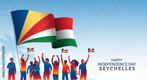 Happy Independence Day Seychelles with people and flags