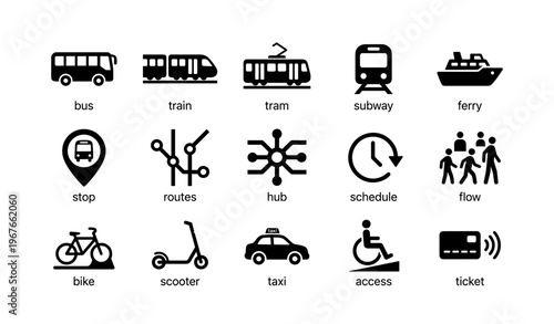 Transportation icons set: bus, train, tram, subway, ferry, bike, scooter, taxi, access, ticket