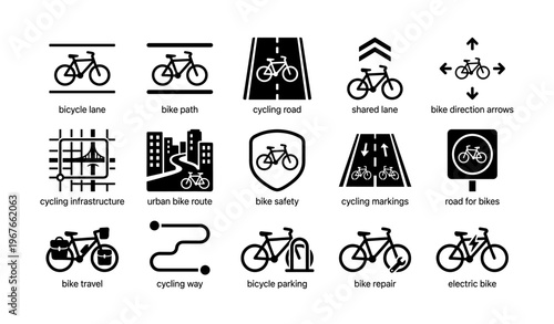 Cycling infrastructure icons: bicycle lanes, bike paths, safety, and parking symbols