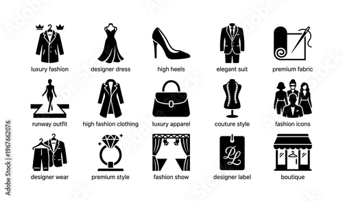 Luxury fashion icons: designer dress, high heels, elegant suit, couture style, premium apparel