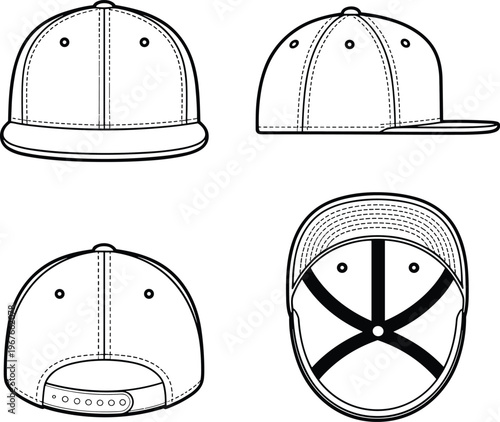 Flat vector baseball cap template front side back top view design