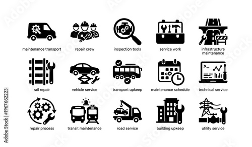 Infrastructure and vehicle maintenance icons for service and repair management